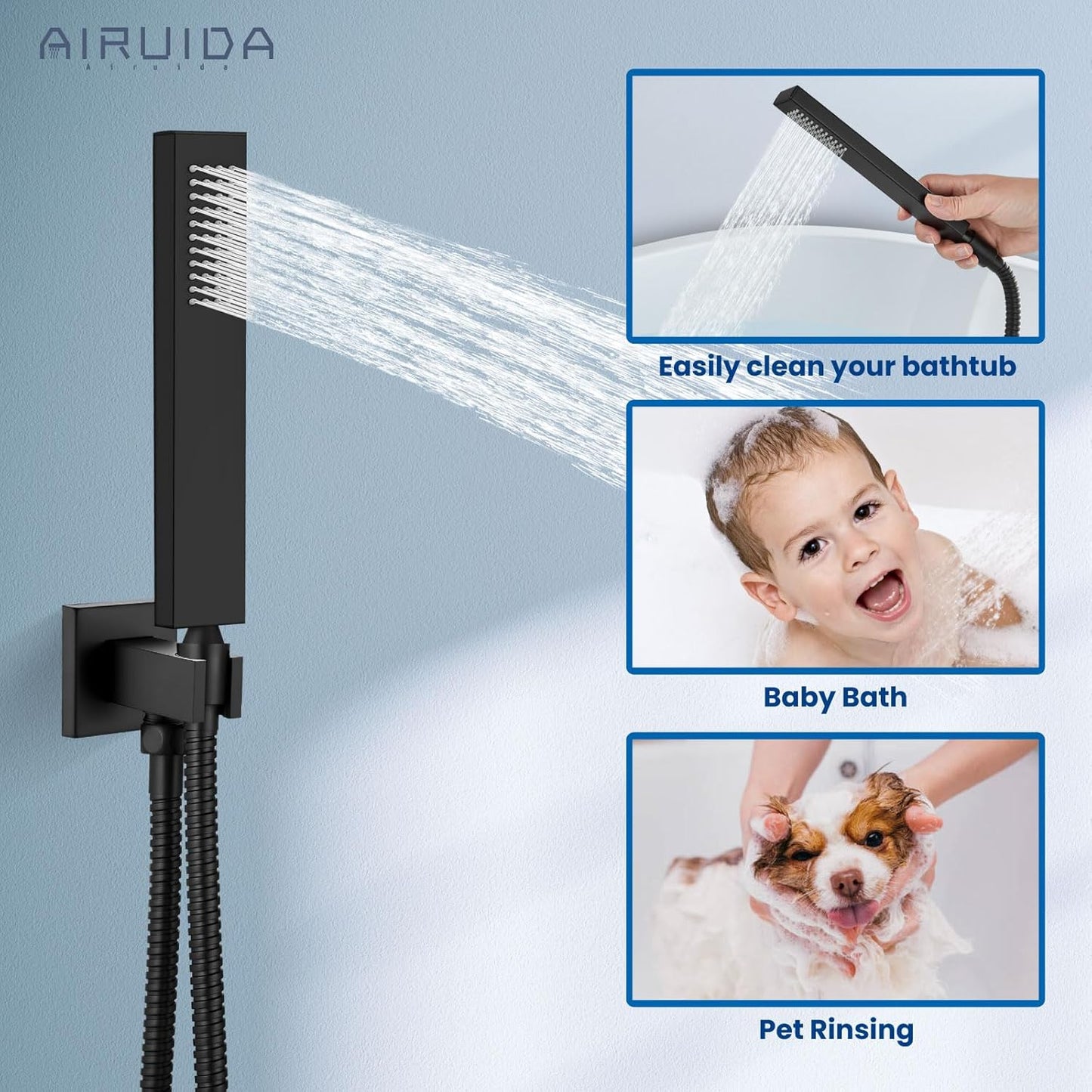 Matte Black Shower Faucet Set, Square 12 Inch Ceiling Mount SUS304 Shower Fixtures System, Rain Mixer Shower System Ceiling Shower Head with Brass Handheld Spray Combo Shower 4 Body Jets