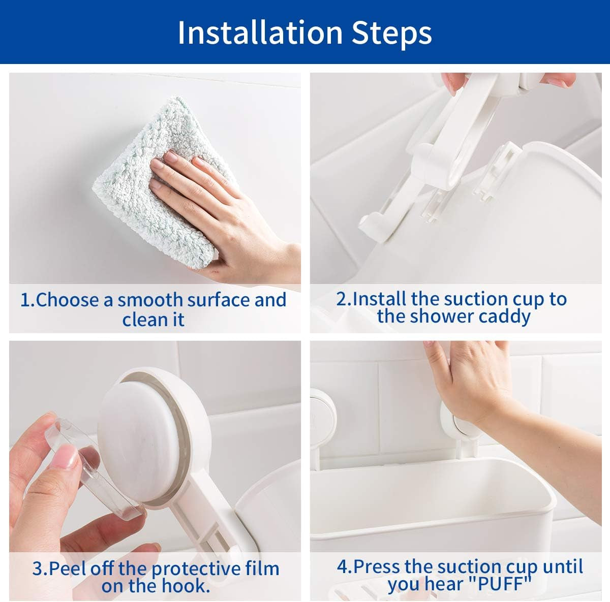 Shower Caddy Suction Cup No Drilling Shower Shelf Removable Wall Mounted Shower Organizer Perfect Shower Storage Waterproof Rustproof Shower Basket for Bathroom & Kitchen - White