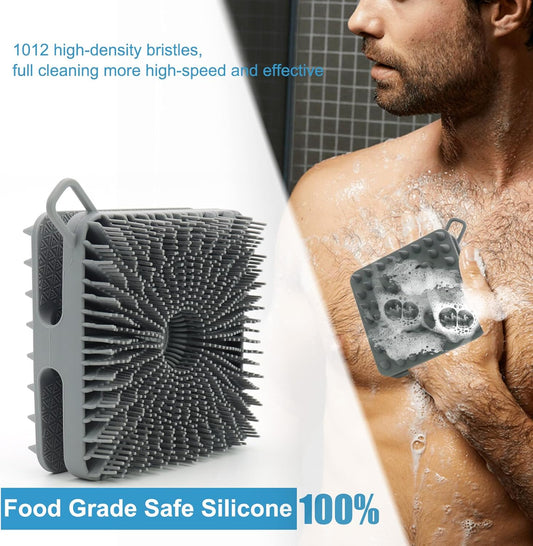Silicone Body Scrubber Men, Dual-Sided Design Exfoliating Body Brush Buffer Scrubber and Scalp Massager, Shower Scrubber for Body, Silicone Loofah, Ergonomic No-Slip, Easy to Clean (Grey)