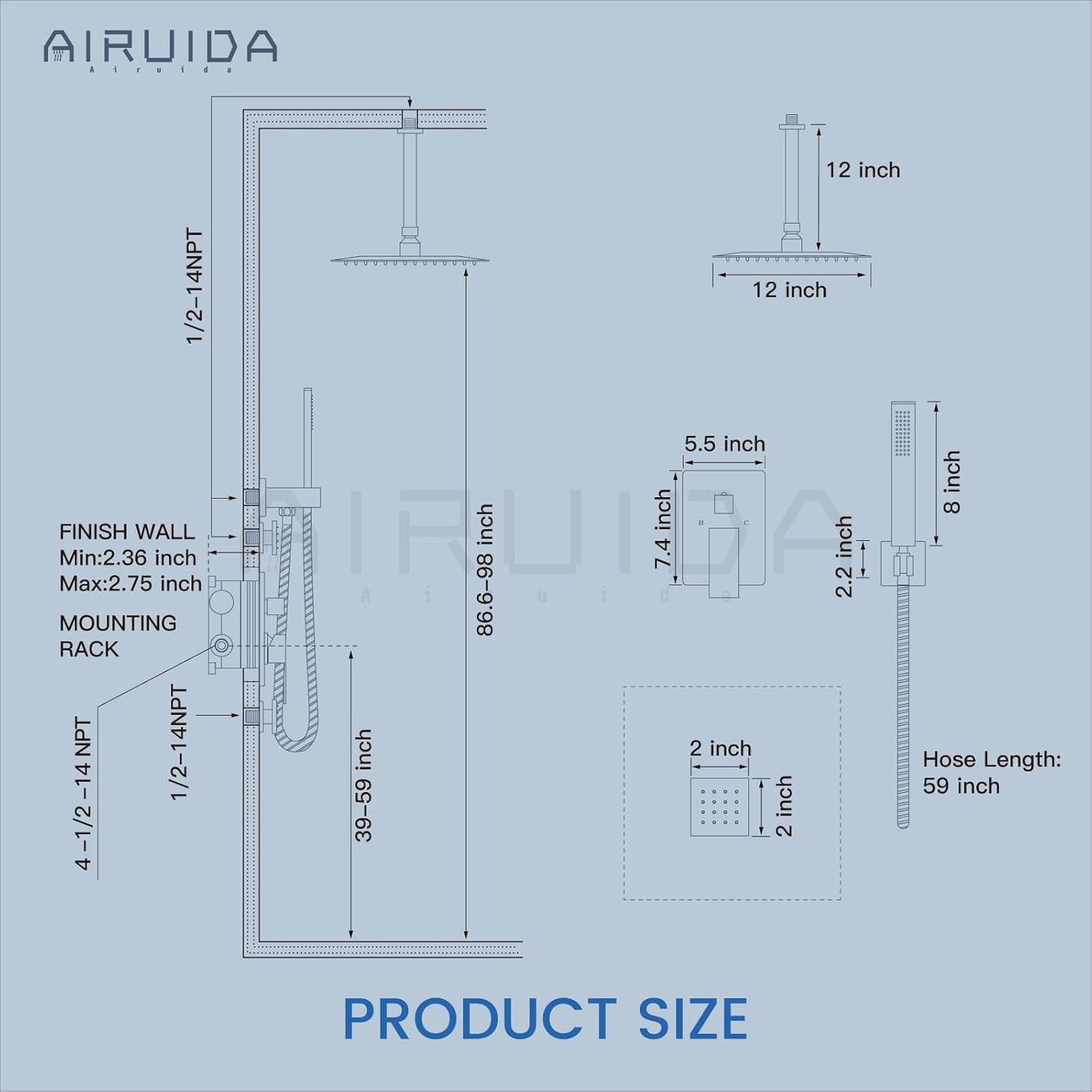 Matte Black Shower Faucet Set, Square 12 Inch Ceiling Mount SUS304 Shower Fixtures System, Rain Mixer Shower System Ceiling Shower Head with Brass Handheld Spray Combo Shower 4 Body Jets