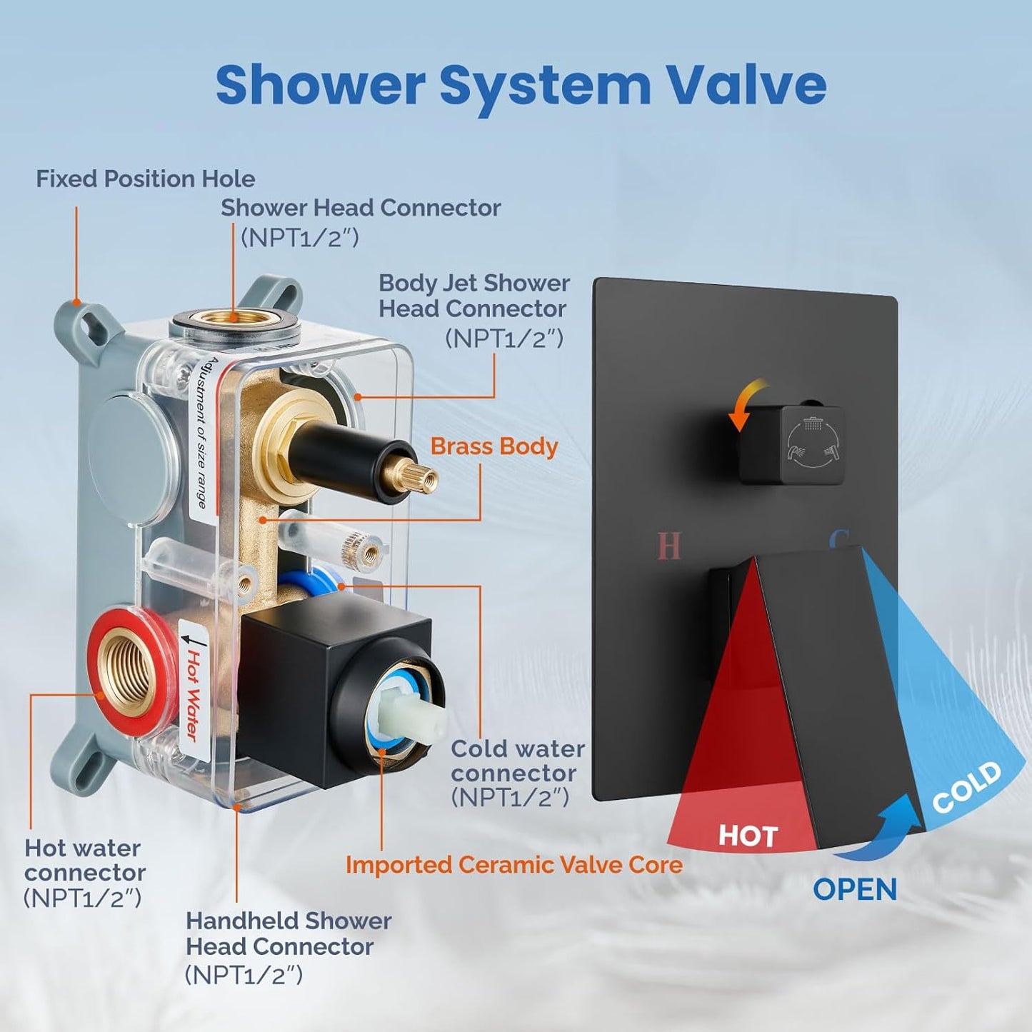 Matte Black Shower Faucet Set, Square 12 Inch Ceiling Mount SUS304 Shower Fixtures System, Rain Mixer Shower System Ceiling Shower Head with Brass Handheld Spray Combo Shower 4 Body Jets