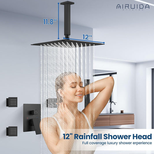Matte Black Shower Faucet Set, Square 12 Inch Ceiling Mount SUS304 Shower Fixtures System, Rain Mixer Shower System Ceiling Shower Head with Brass Handheld Spray Combo Shower 4 Body Jets