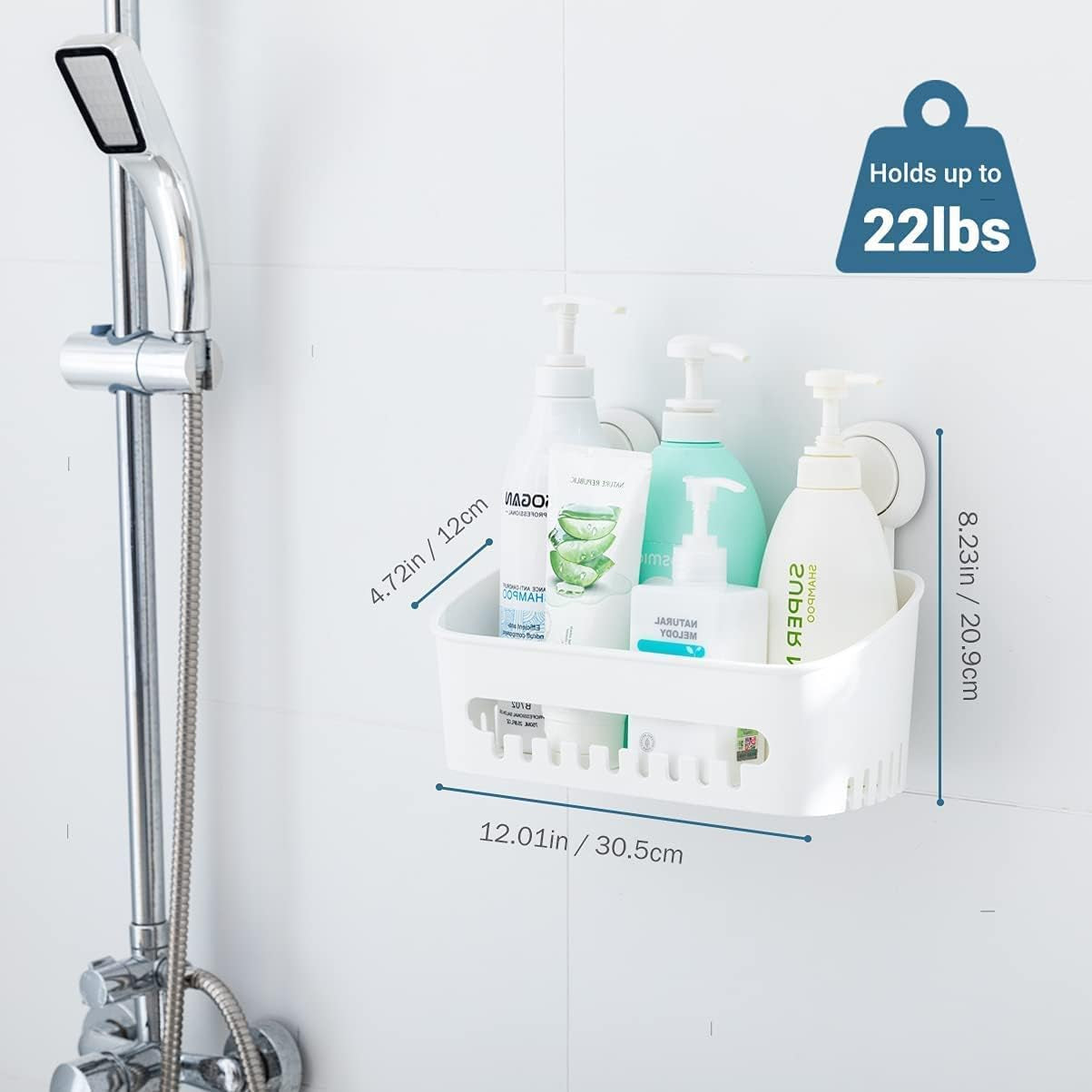 Shower Caddy Suction Cup No Drilling Shower Shelf Removable Wall Mounted Shower Organizer Perfect Shower Storage Waterproof Rustproof Shower Basket for Bathroom & Kitchen - White