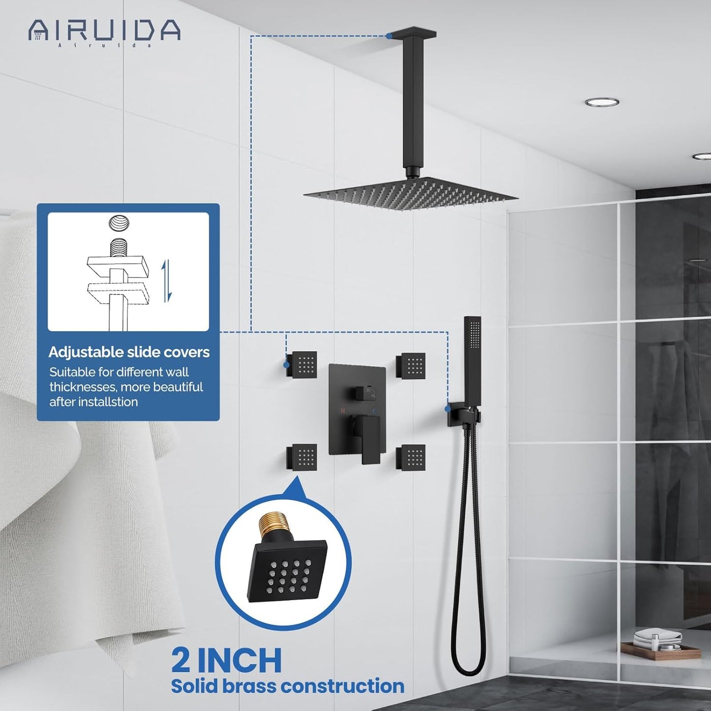 Matte Black Shower Faucet Set, Square 12 Inch Ceiling Mount SUS304 Shower Fixtures System, Rain Mixer Shower System Ceiling Shower Head with Brass Handheld Spray Combo Shower 4 Body Jets