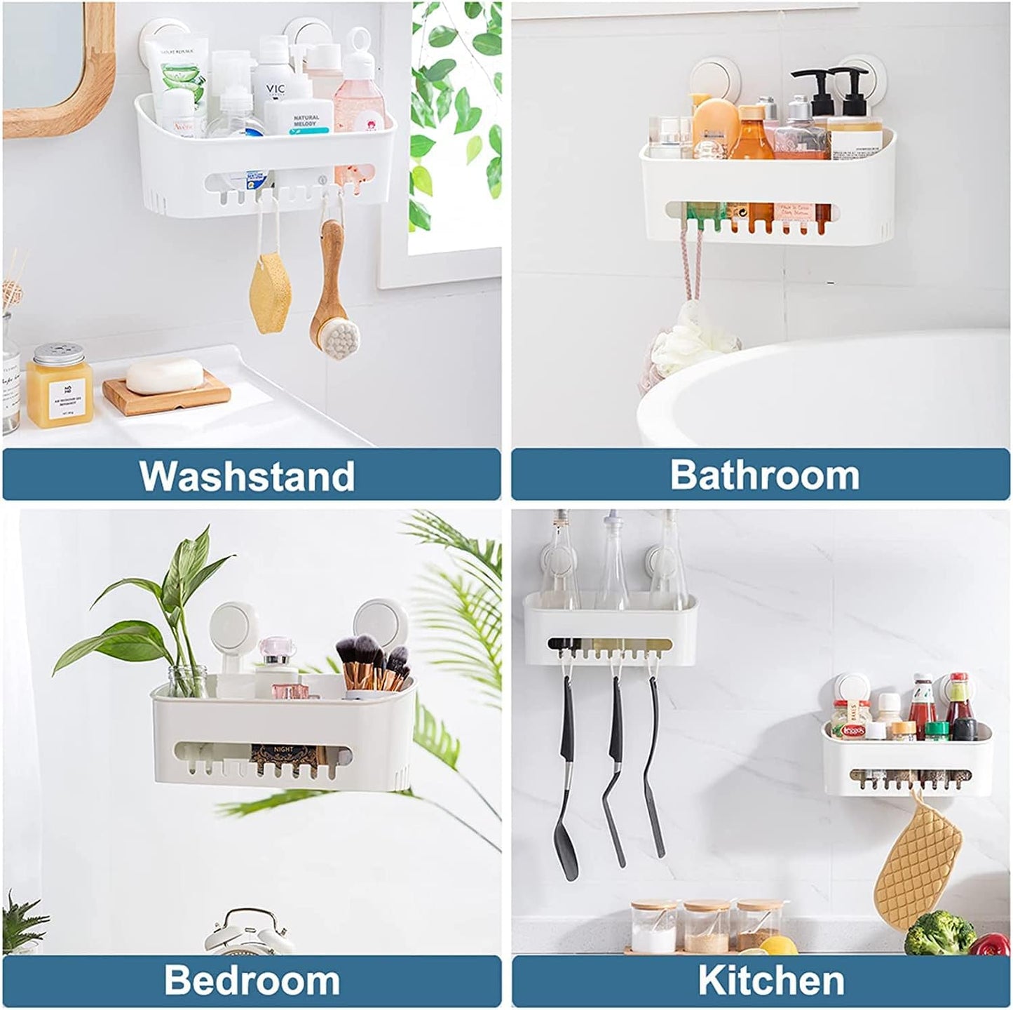 Shower Caddy Suction Cup No Drilling Shower Shelf Removable Wall Mounted Shower Organizer Perfect Shower Storage Waterproof Rustproof Shower Basket for Bathroom & Kitchen - White