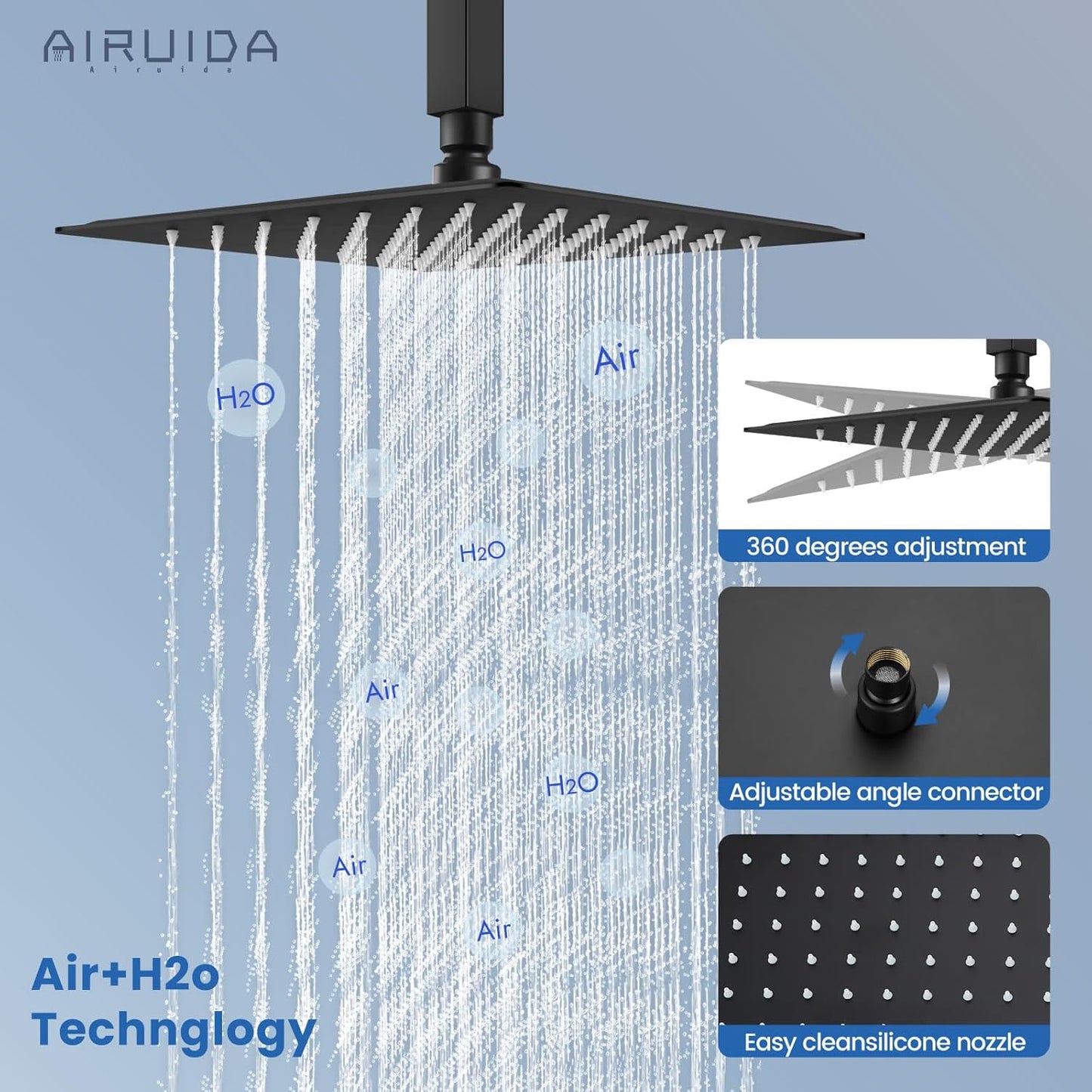Matte Black Shower Faucet Set, Square 12 Inch Ceiling Mount SUS304 Shower Fixtures System, Rain Mixer Shower System Ceiling Shower Head with Brass Handheld Spray Combo Shower 4 Body Jets