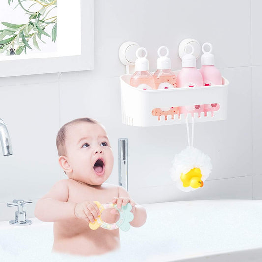 Shower Caddy Suction Cup No Drilling Shower Shelf Removable Wall Mounted Shower Organizer Perfect Shower Storage Waterproof Rustproof Shower Basket for Bathroom & Kitchen - White