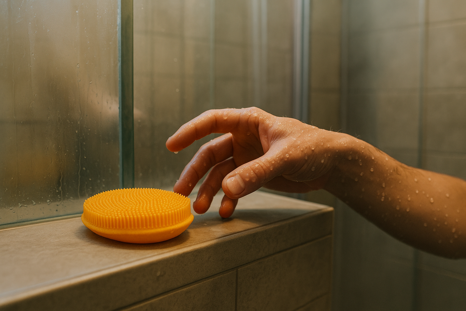 make an image of a hand reaching out the shower to grab the rubber silocone scrubber