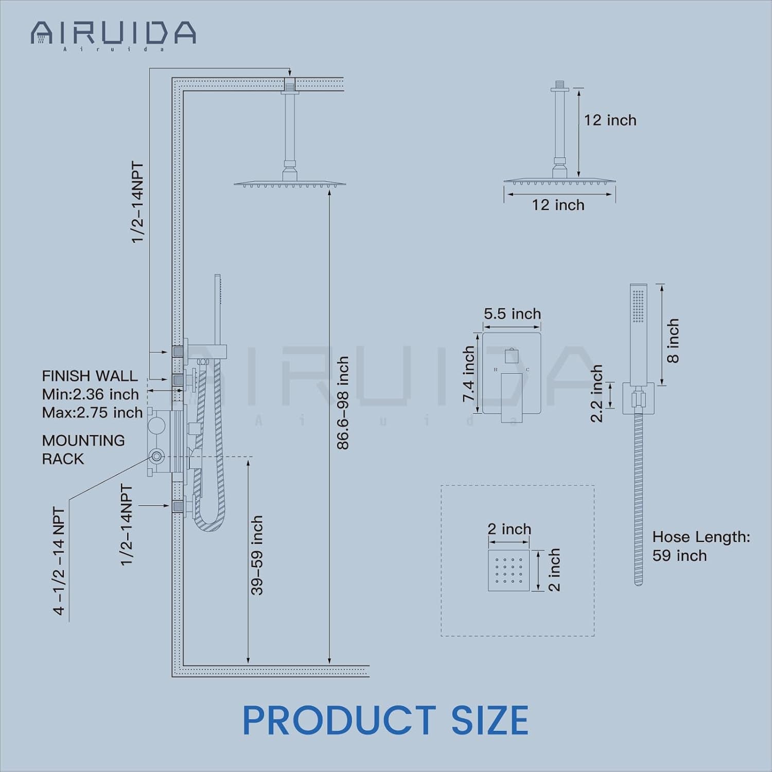 Matte Black Shower Faucet Set, Square 12 Inch Ceiling Mount SUS304 Shower Fixtures System, Rain Mixer Shower System Ceiling Shower Head with Brass Handheld Spray Combo Shower 4 Body Jets