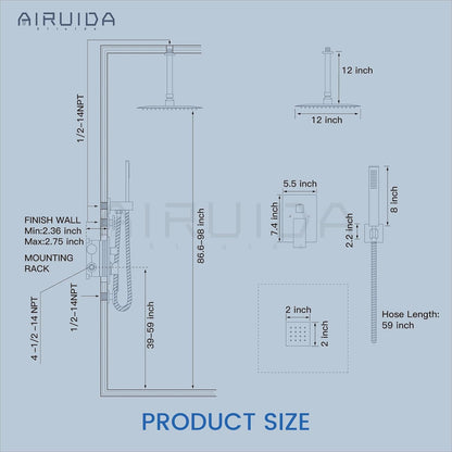 Matte Black Shower Faucet Set, Square 12 Inch Ceiling Mount SUS304 Shower Fixtures System, Rain Mixer Shower System Ceiling Shower Head with Brass Handheld Spray Combo Shower 4 Body Jets