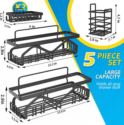 Shower Caddy, Shower Shelves [5-Pack], Adhesive Shower Organizer No Drilling, Large Capacity, Rustproof Bathroom Shower Organizer, Shower Shelf for inside Shower (Black)