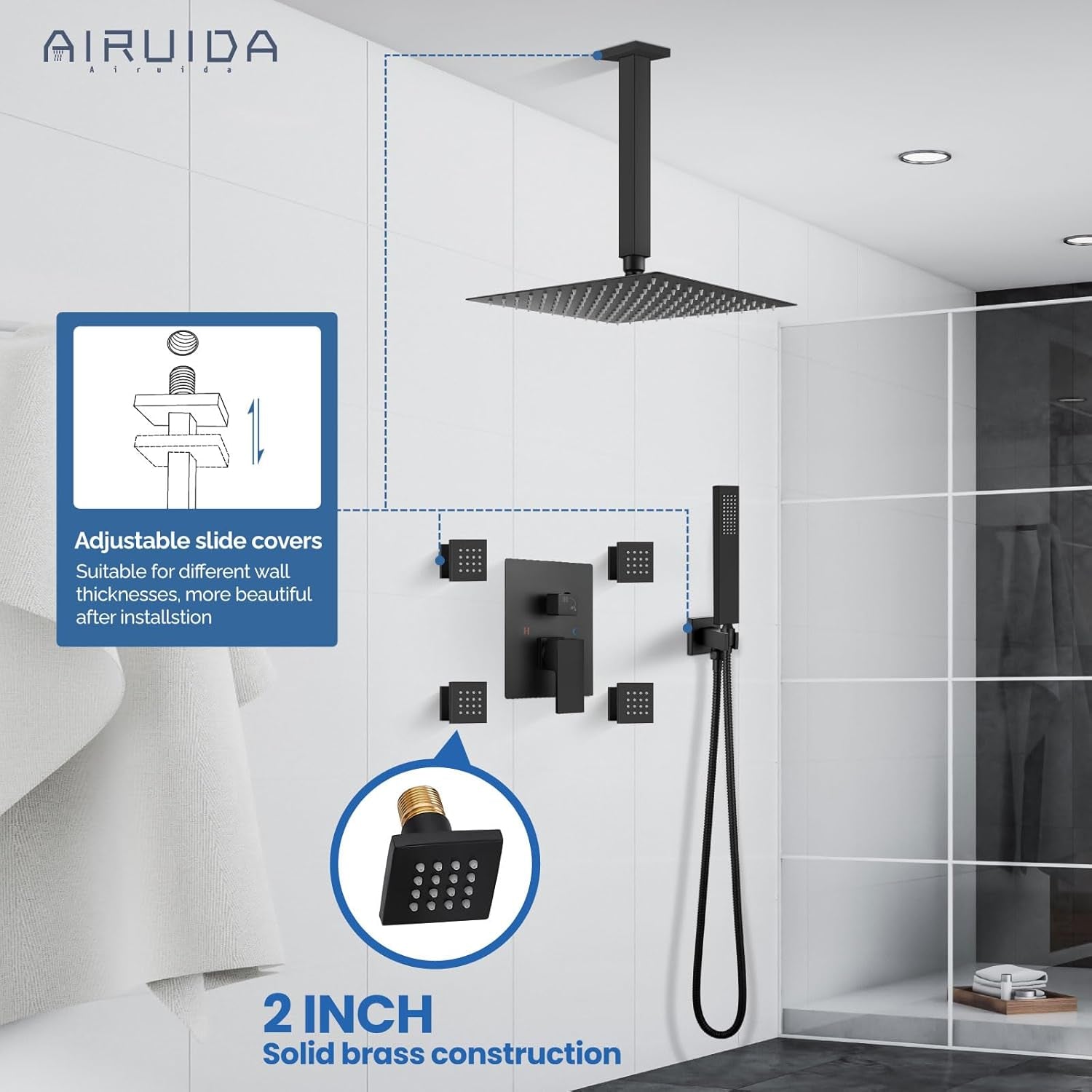 Matte Black Shower Faucet Set, Square 12 Inch Ceiling Mount SUS304 Shower Fixtures System, Rain Mixer Shower System Ceiling Shower Head with Brass Handheld Spray Combo Shower 4 Body Jets