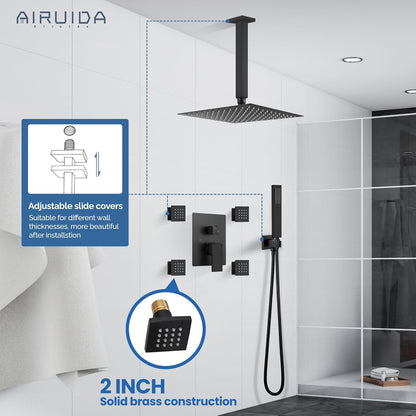 Matte Black Shower Faucet Set, Square 12 Inch Ceiling Mount SUS304 Shower Fixtures System, Rain Mixer Shower System Ceiling Shower Head with Brass Handheld Spray Combo Shower 4 Body Jets