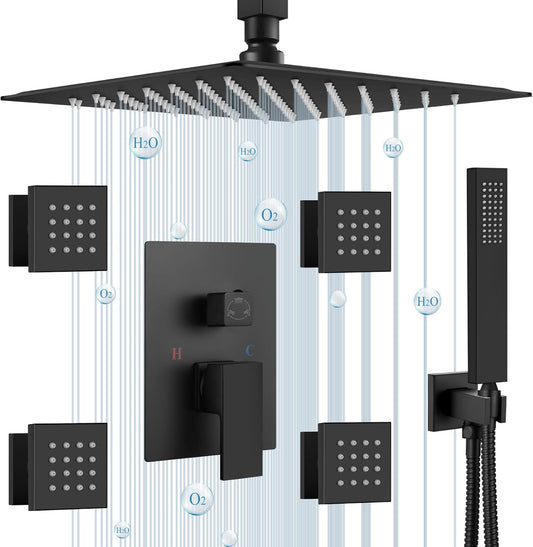 Matte Black Shower Faucet Set, Square 12 Inch Ceiling Mount SUS304 Shower Fixtures System, Rain Mixer Shower System Ceiling Shower Head with Brass Handheld Spray Combo Shower 4 Body Jets